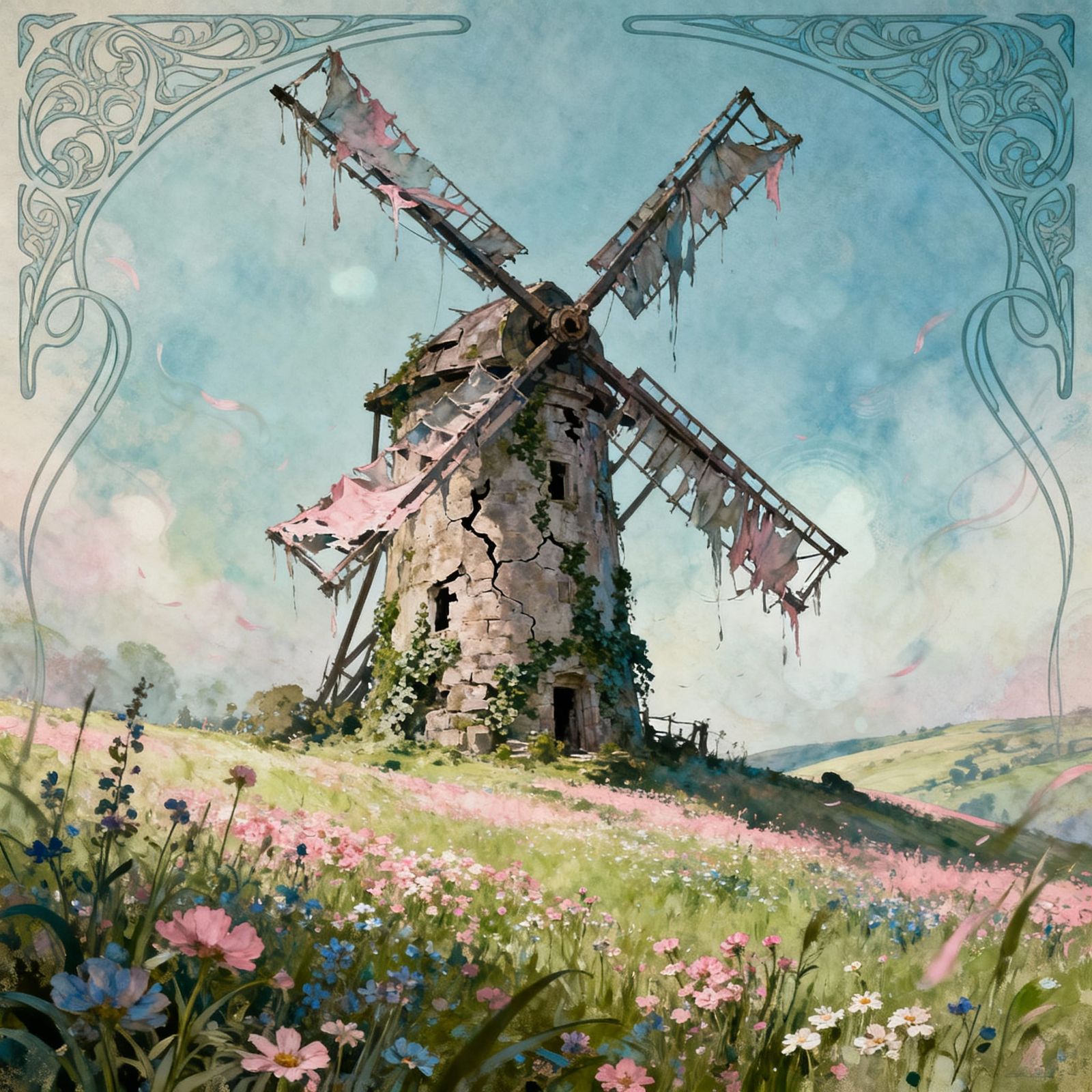 Surreal Art Nouveau Windmill in Wildflower Field