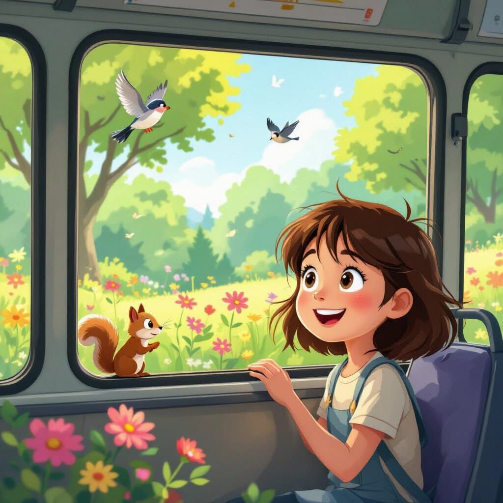 Joyful Girl Watches Nature Scene from Bus Window in Cartoon ...