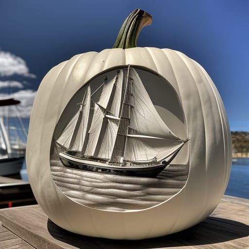 Sailing Ship Carved into White Pumpkin