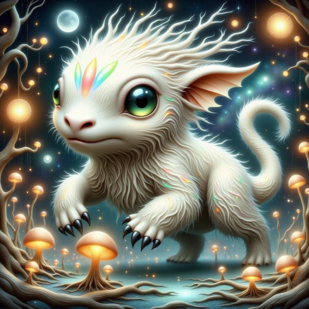 Mystical White Creature in Moonlit Fantasy Landscape