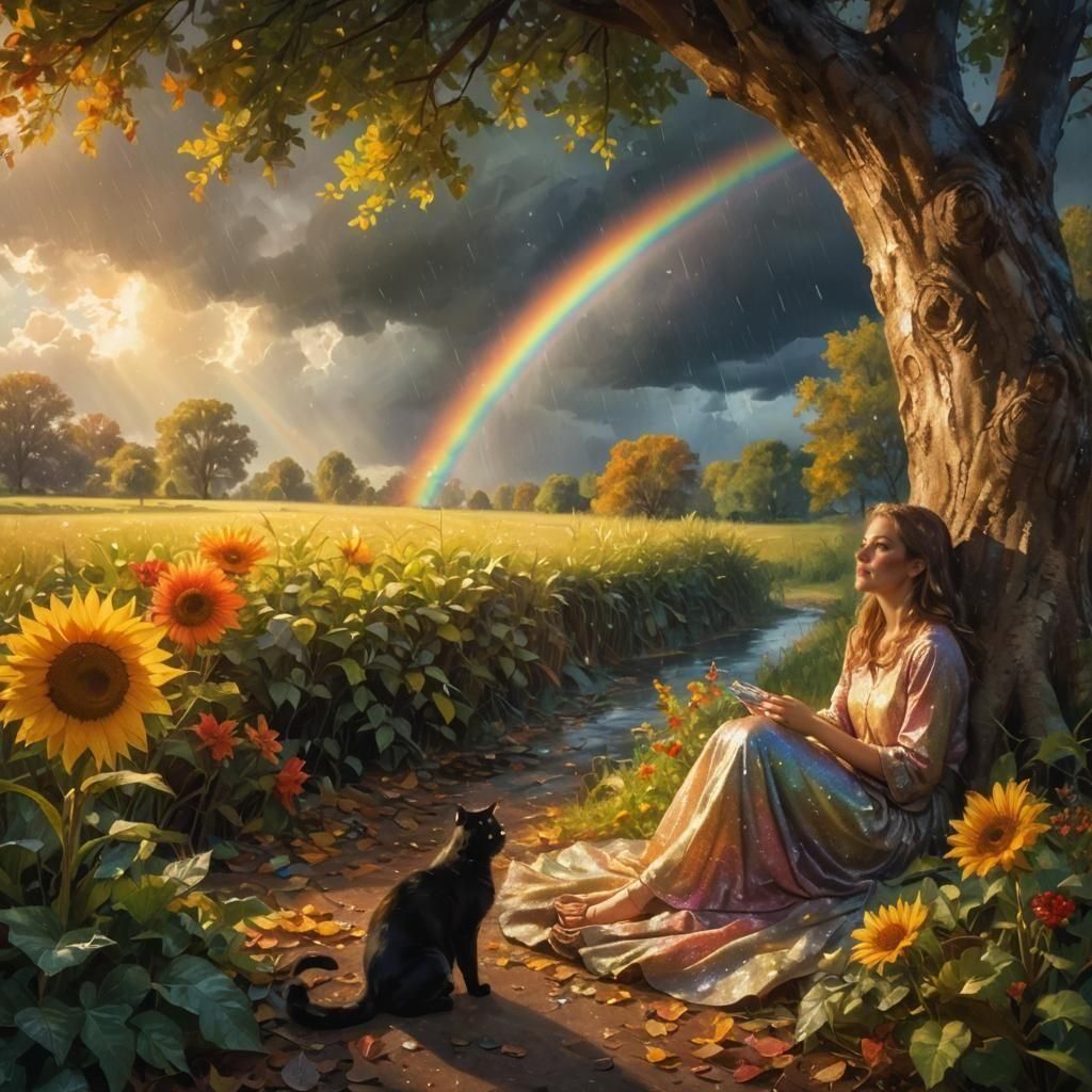 Woman and Cat in Beech Tree at Rainbow's End