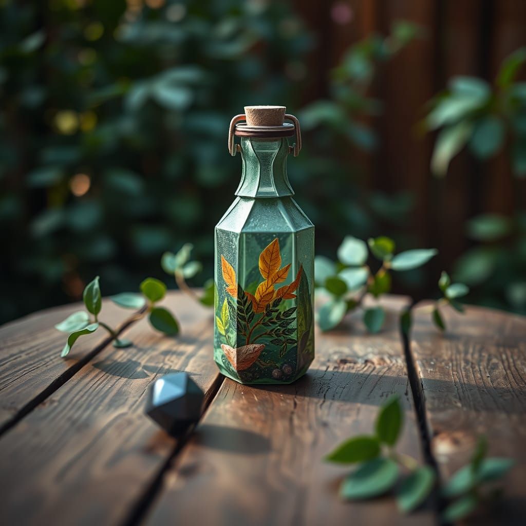 Origami, vibrant nature and technology fusion of a potion bottle, in the style of magritte