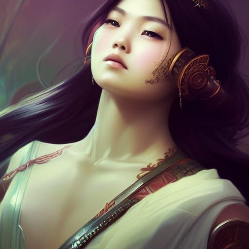 Asian Princess Portrait with Sword in Art Nouveau Style