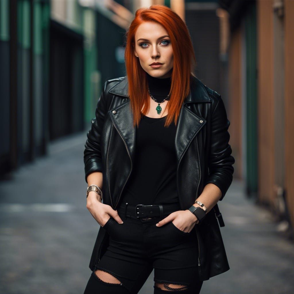 Red Haired Woman in Black Leather Jacket, Digital Art