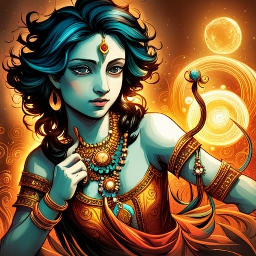 Luminous Lord Krishna Digital Painting with Golden Outlines