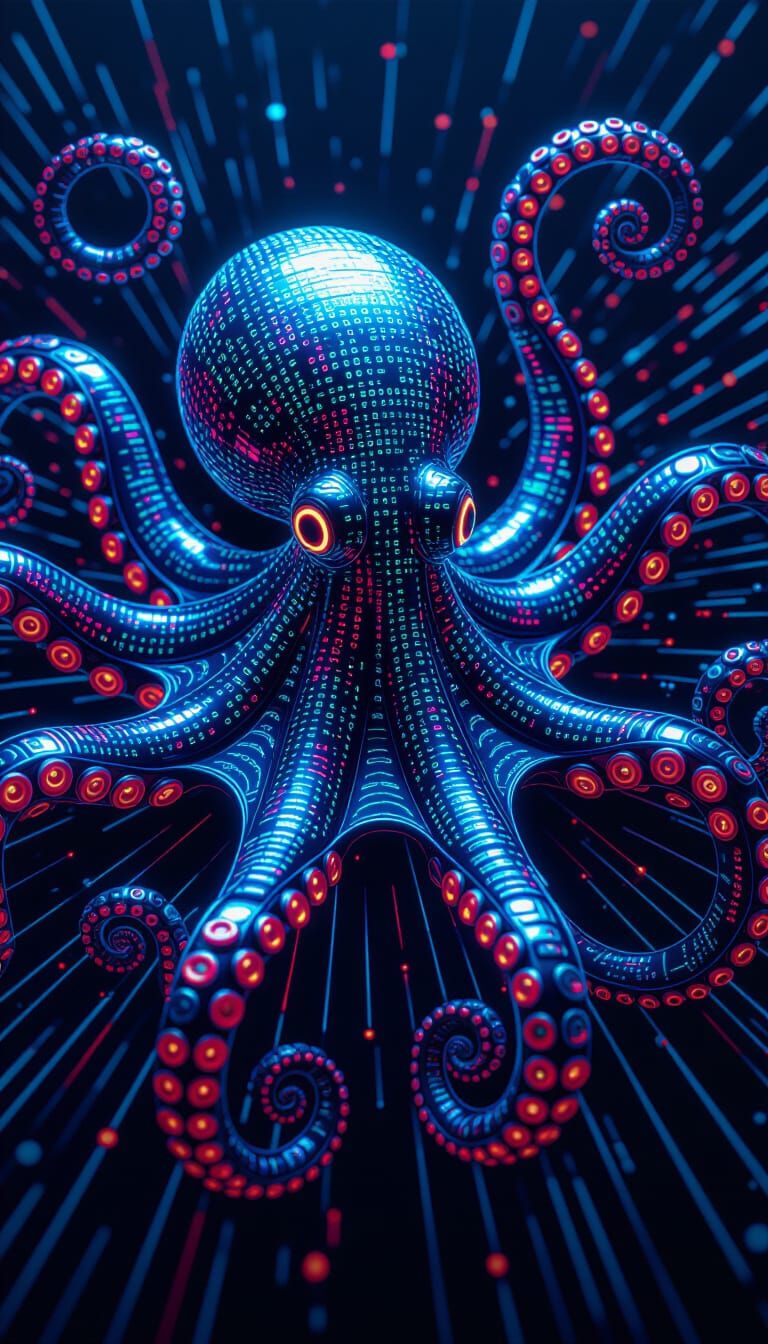 Cybernetic Octopus Displaying Digital Code in Cyberpunk Styl...
