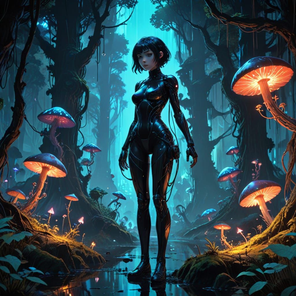 Cyberpunk Hacker Marionette in Bioluminescent Forest