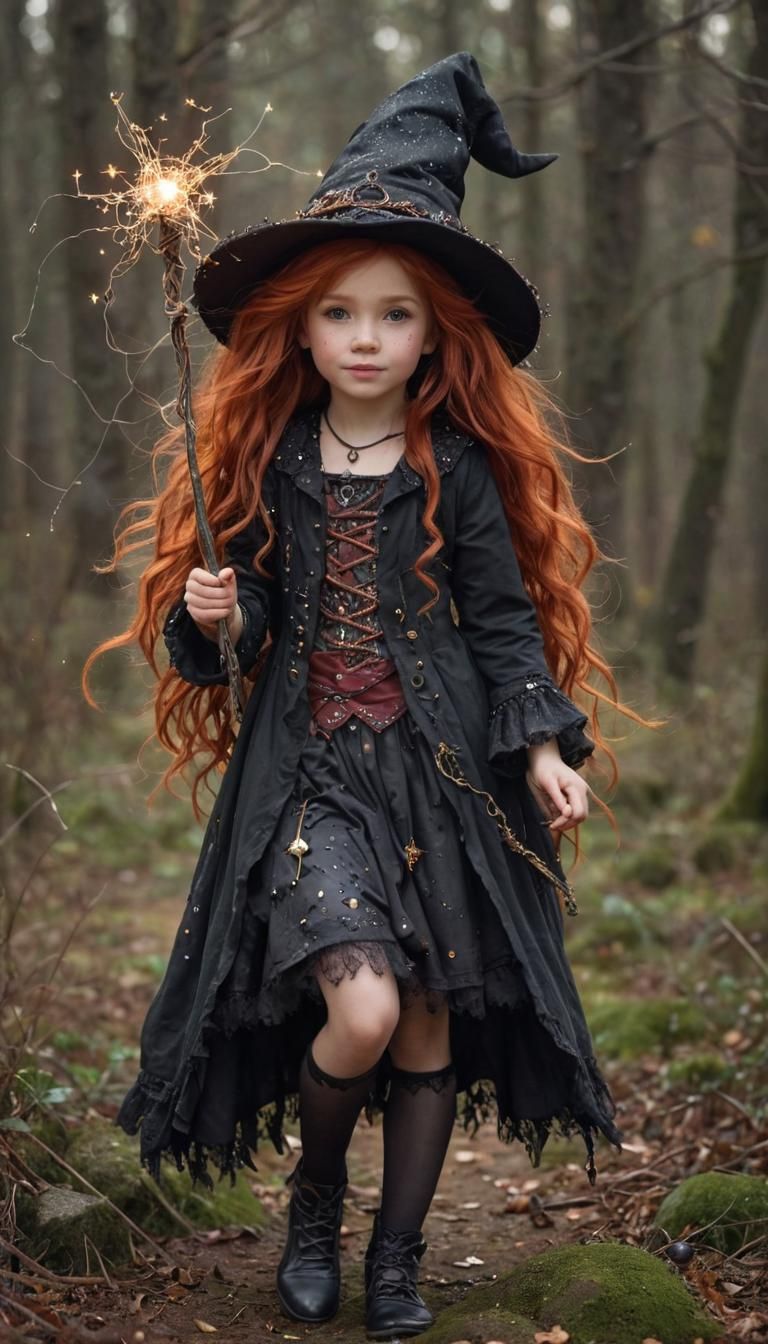 Adorable Red-Haired Witch Girl with Magical Staff