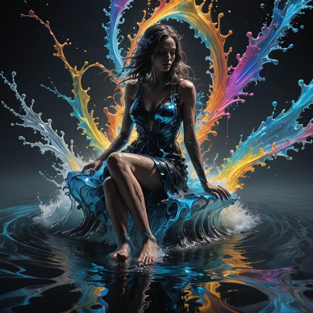 Gothic Woman Silhouette in Splashing Blue Water