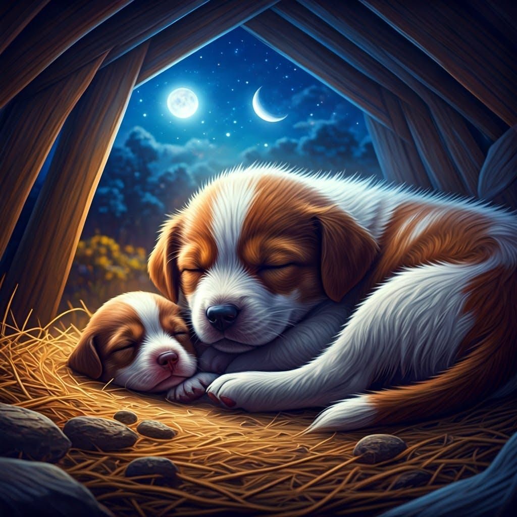 Puppies Sleeping Under the Stars: Hyperrealistic Art