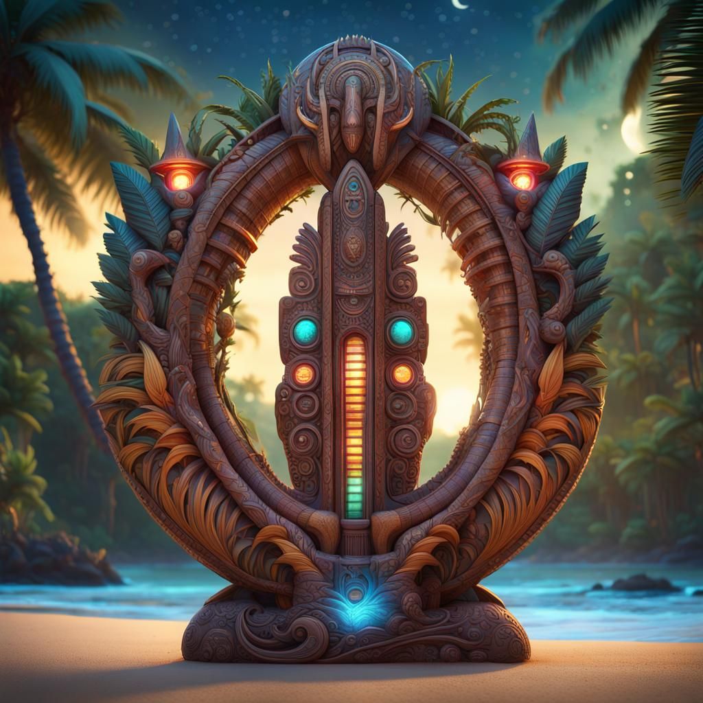 Mystical Mayan Spaceship Sculpture on Tropical Beach