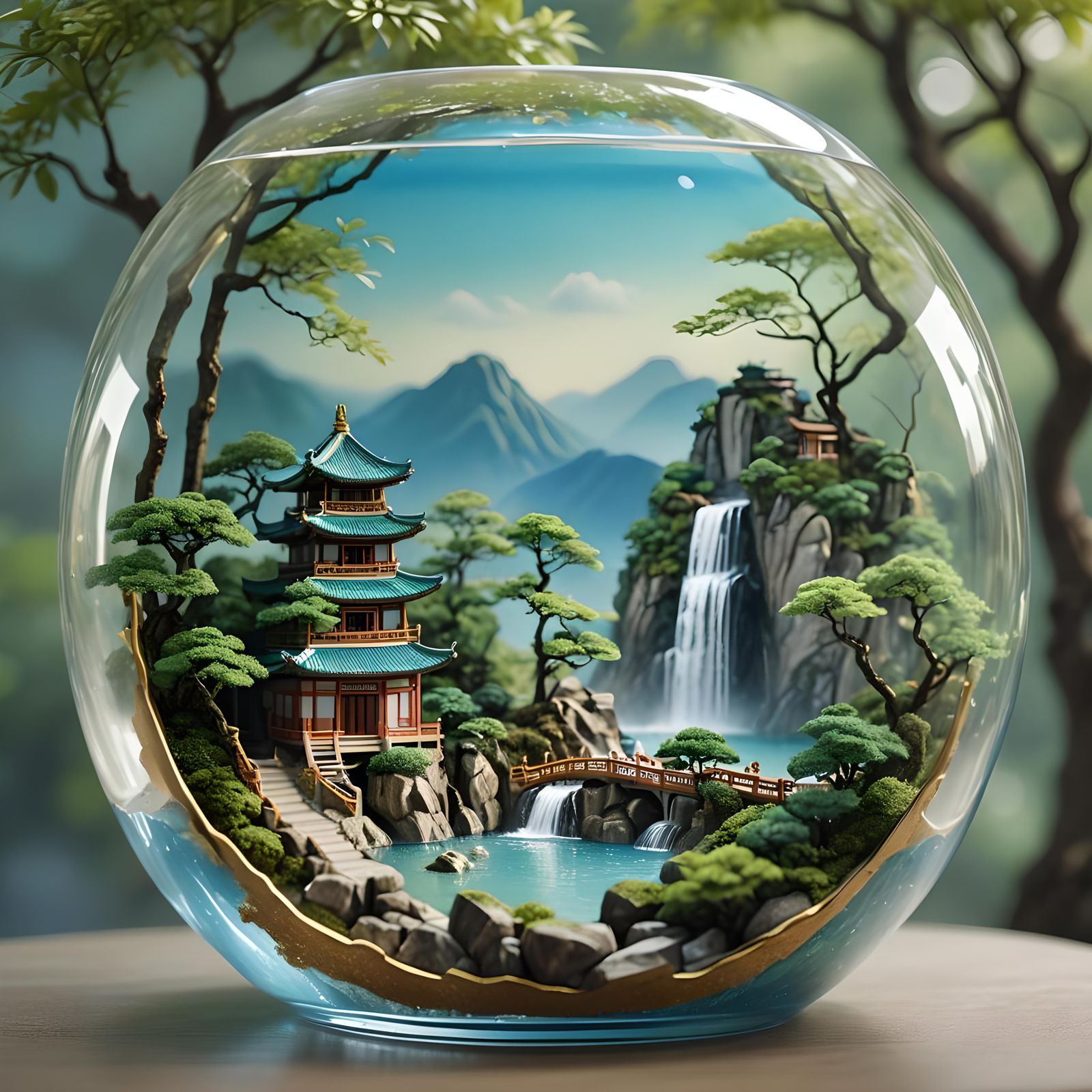 Miniature Chinese Landscape Inside Glass Container