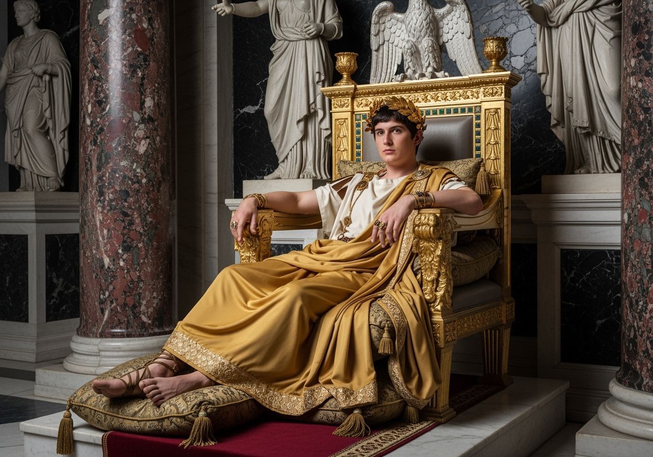 Emperor Caligula on Lavish Throne in Palace