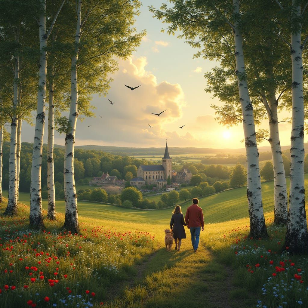 Idyllic Birch Forest Landscape at Sunset