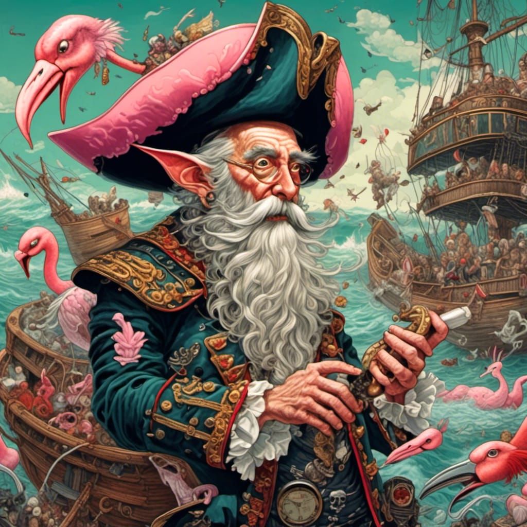Furious Elf Pirate With Flamingo in Dark Fantasy Style