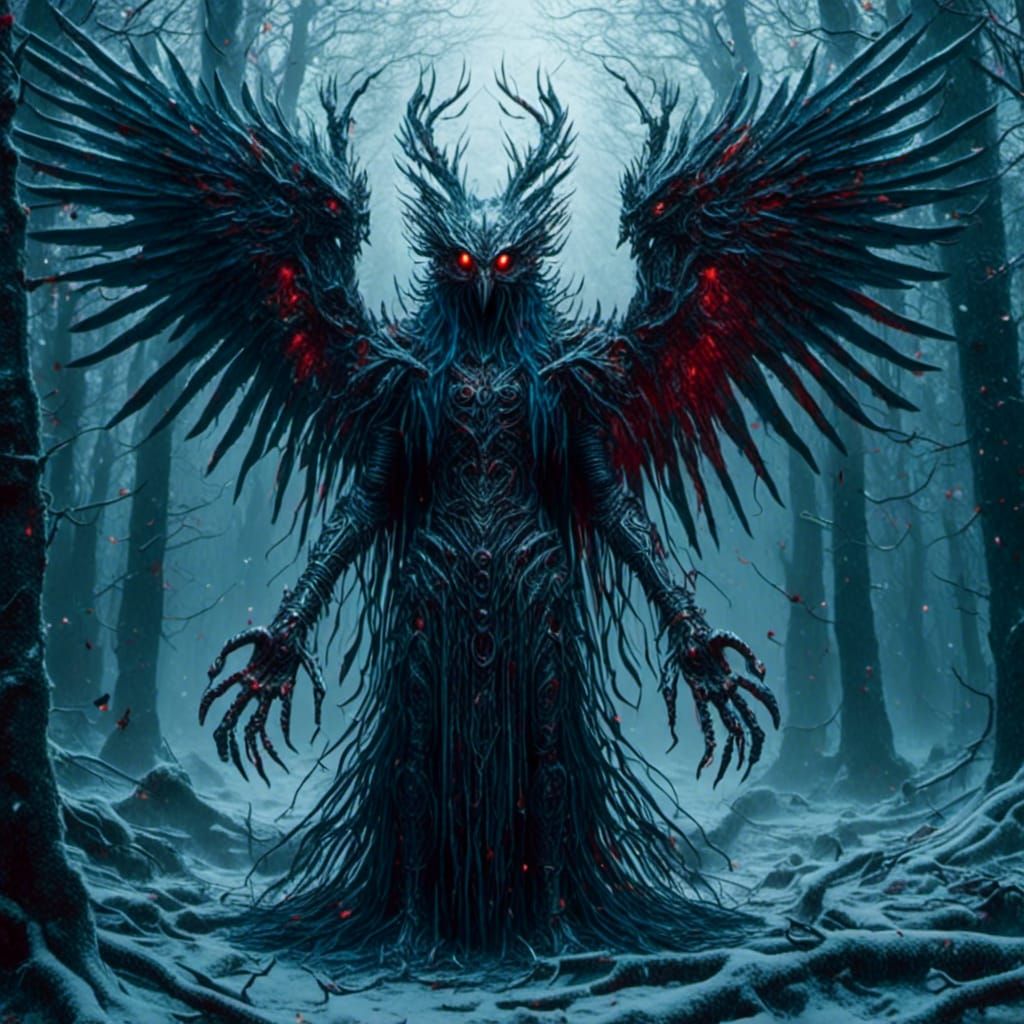Ominous Owl-Humanoid in Snowy Forest, Dark Fantasy