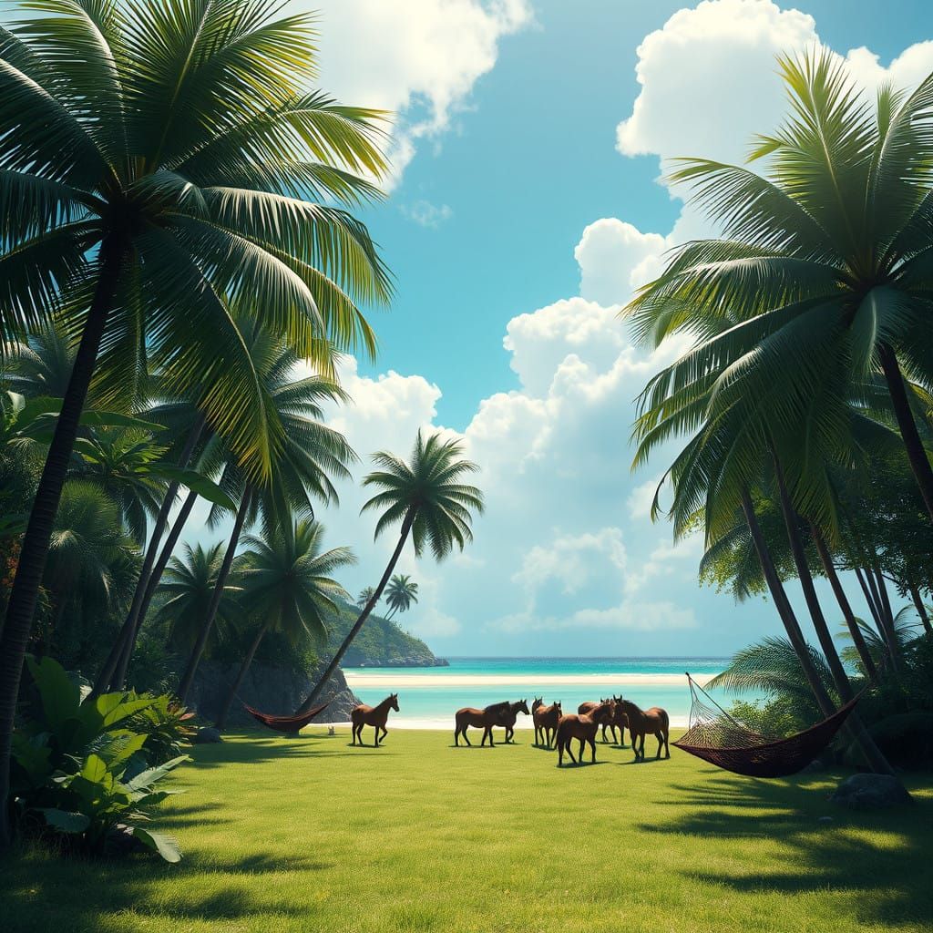 Fantastical Tropical Paradise in Vibrant Cyberpunk Style