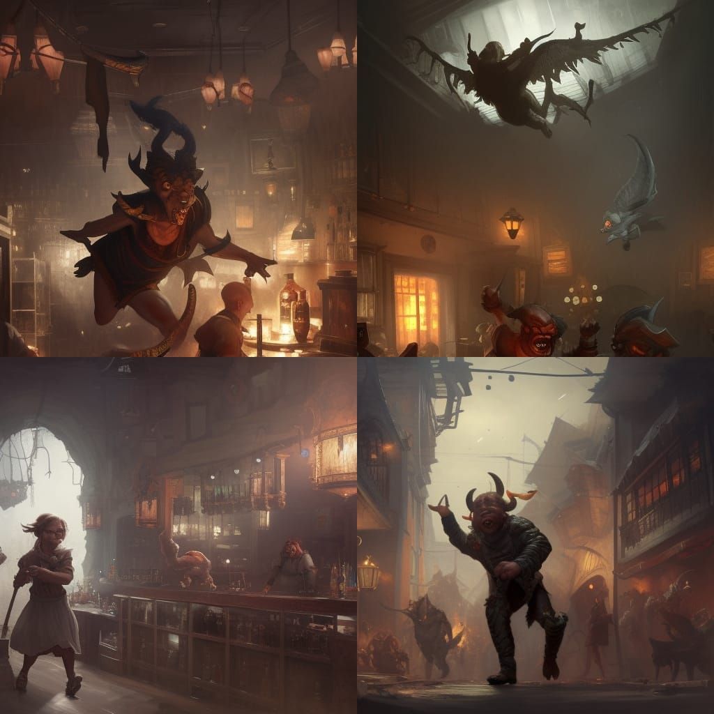 Mischievous Imp Creates Tavern Mayhem: Dark Fantasy Art