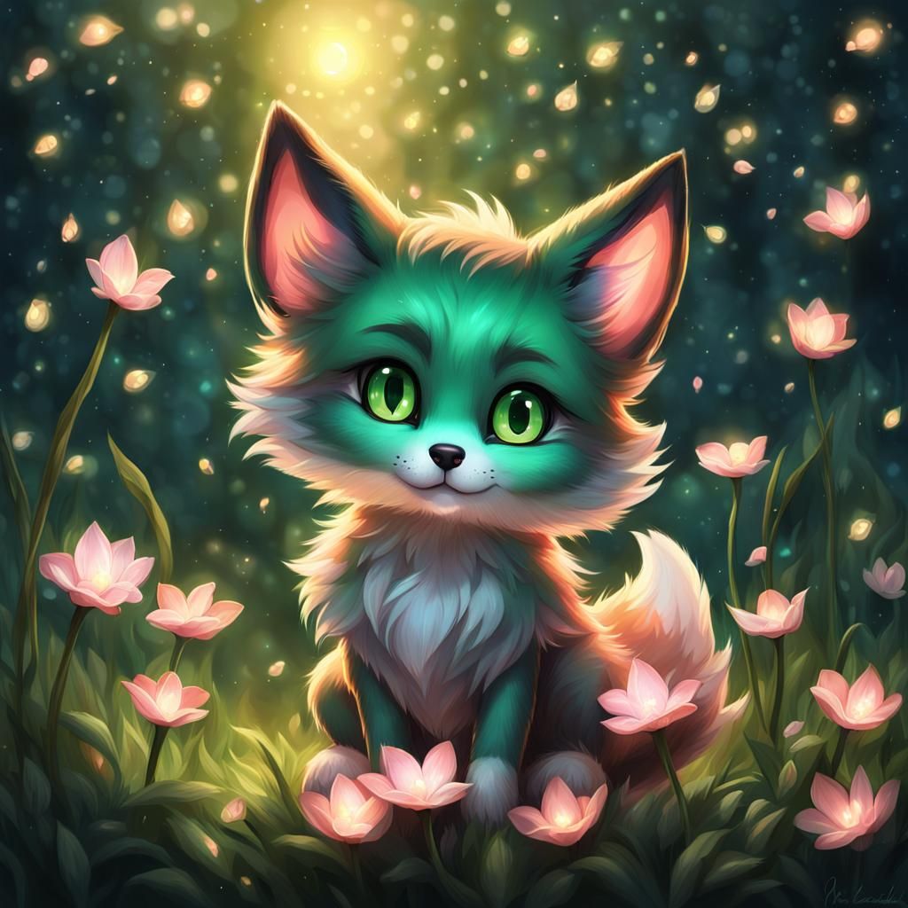 Adorable Chibi Fox-Cat in Magical Winter Garden