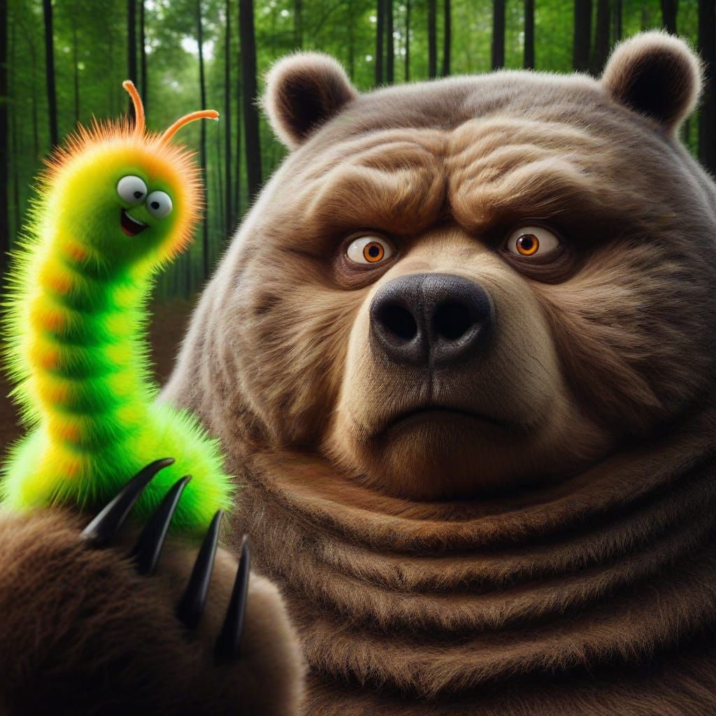 Unimpressed Bear Holding an Ecstatic Caterpillar