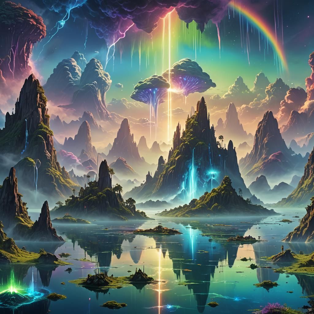 Create an image of an otherworldly landscape where the sky i...