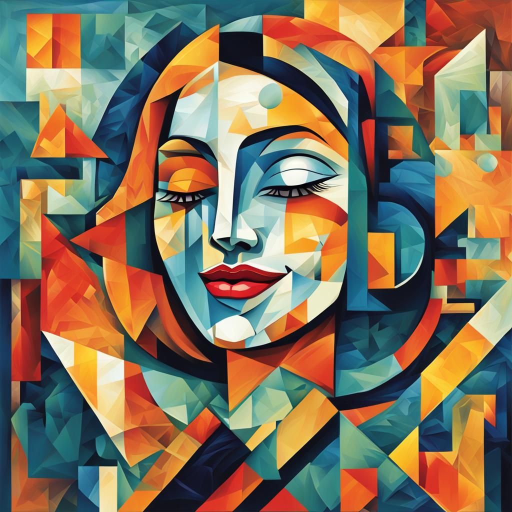 Smiling Woman in Cubist Geometric Art Deco Style