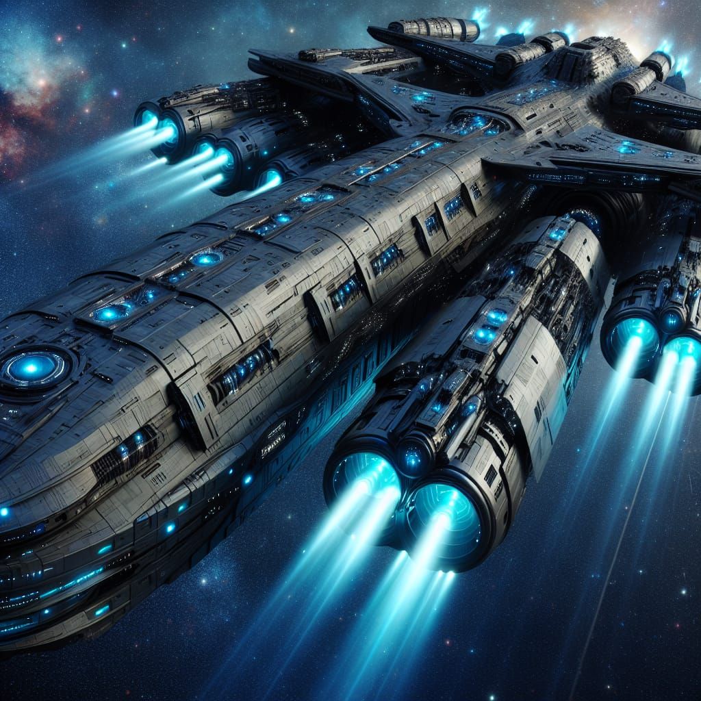 Futuristic Spaceship Warship Powers Through Starlit Cosmos