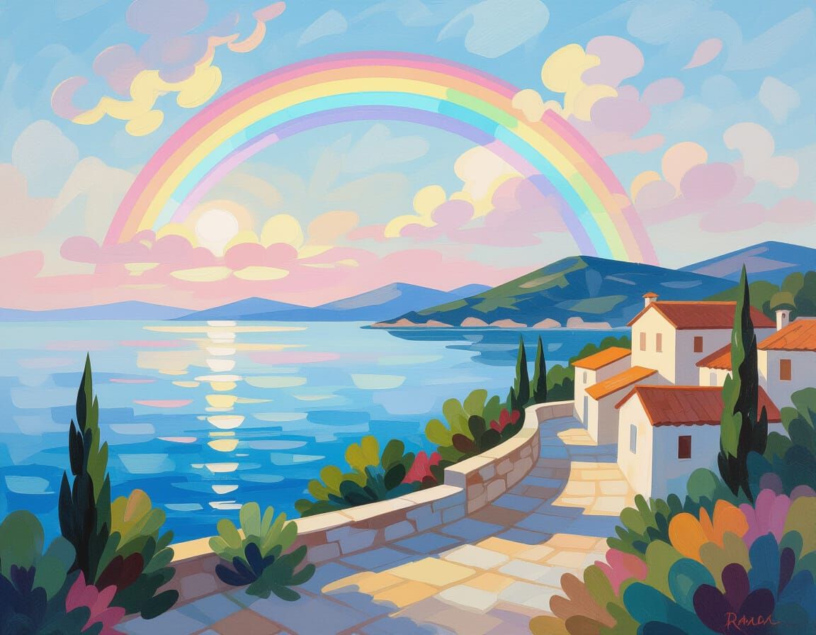 Rainbow Over Istria, Croatia in Impressionist Style