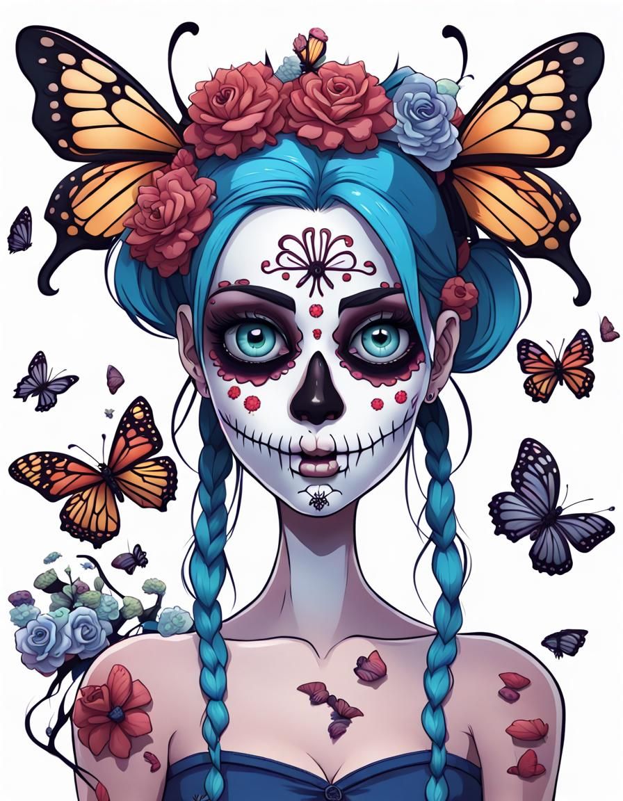 Cartoon Zombie Girl with Sugar Skull and Butterflies