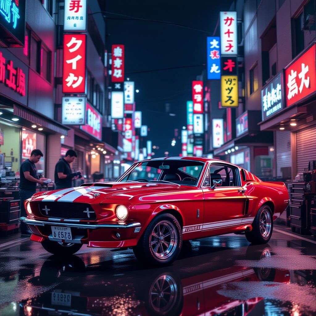 Chrome Mustang GT500 in Cyberpunk Tokyo Workshop