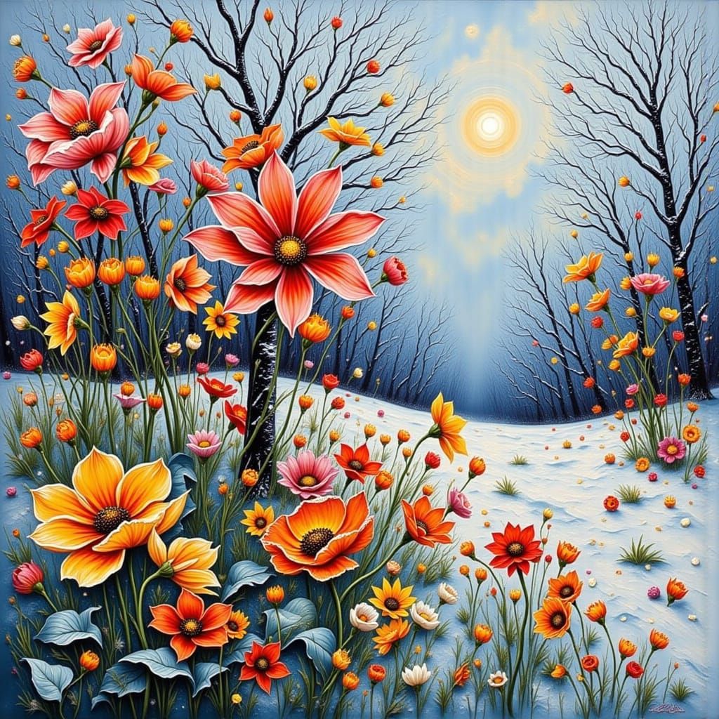 Vibrant Flowers Bloom in Winter Impasto Landscape