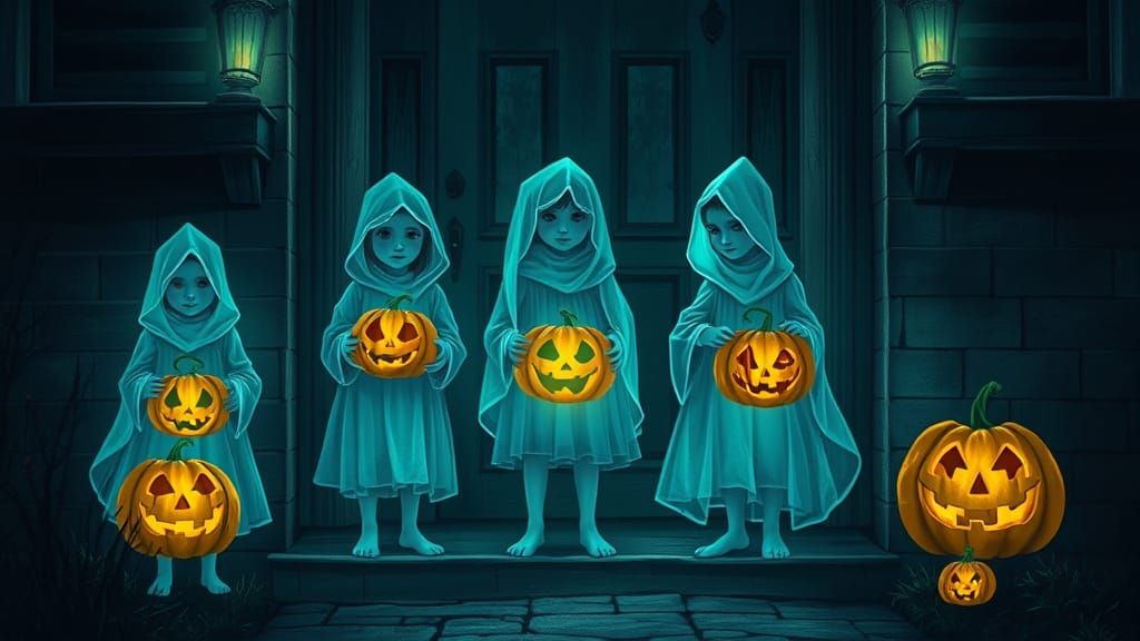 Ethereal Halloween Children on Dimly Lit Doorstep