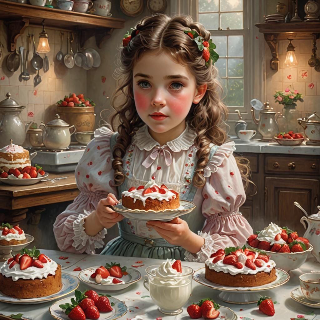 Victorian Girl with Strawberry Cake, Ethereal Fantasy
