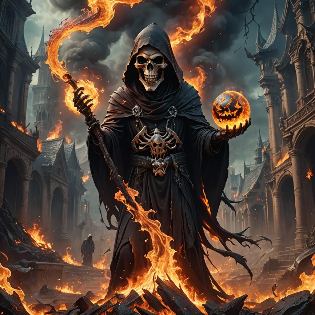 Grinning Grim Reaper Holding Burning World