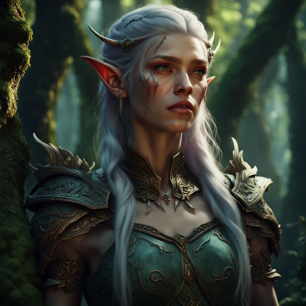 Beautiful Elf in Forest, Detailed Fantasy Art