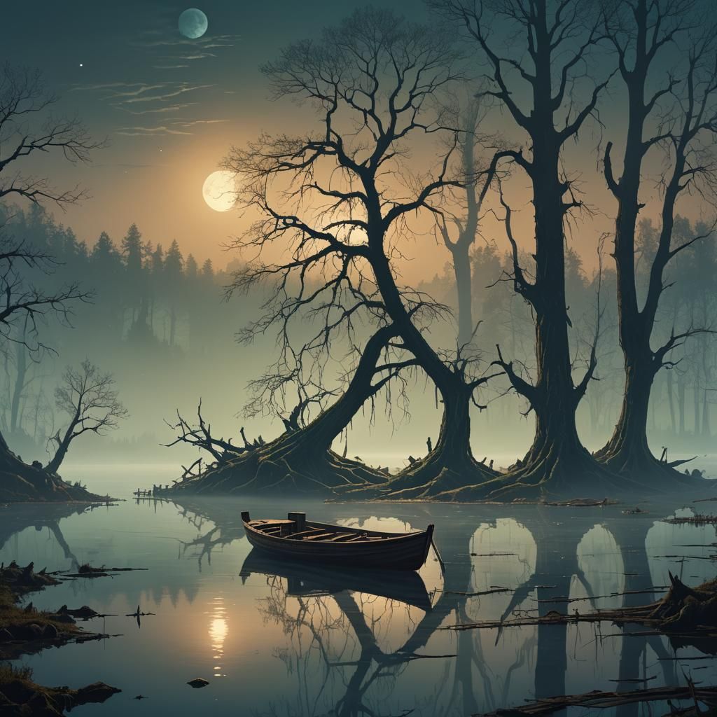 Luminescent Boat on Misty Lake: Fantasy Concept Art