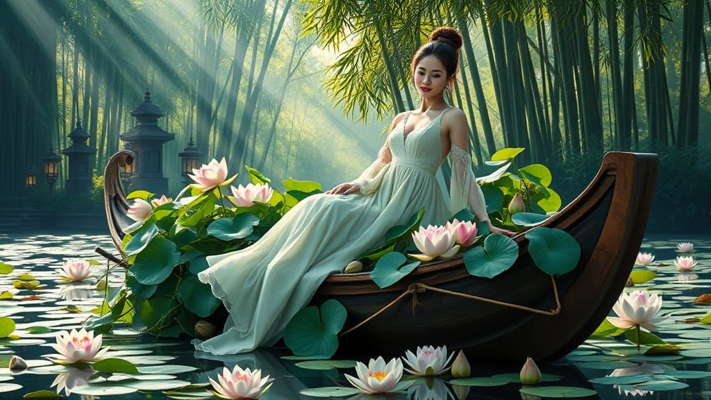 Enchanted Lotus Sanctuary: Asian Woman in Secret Garden