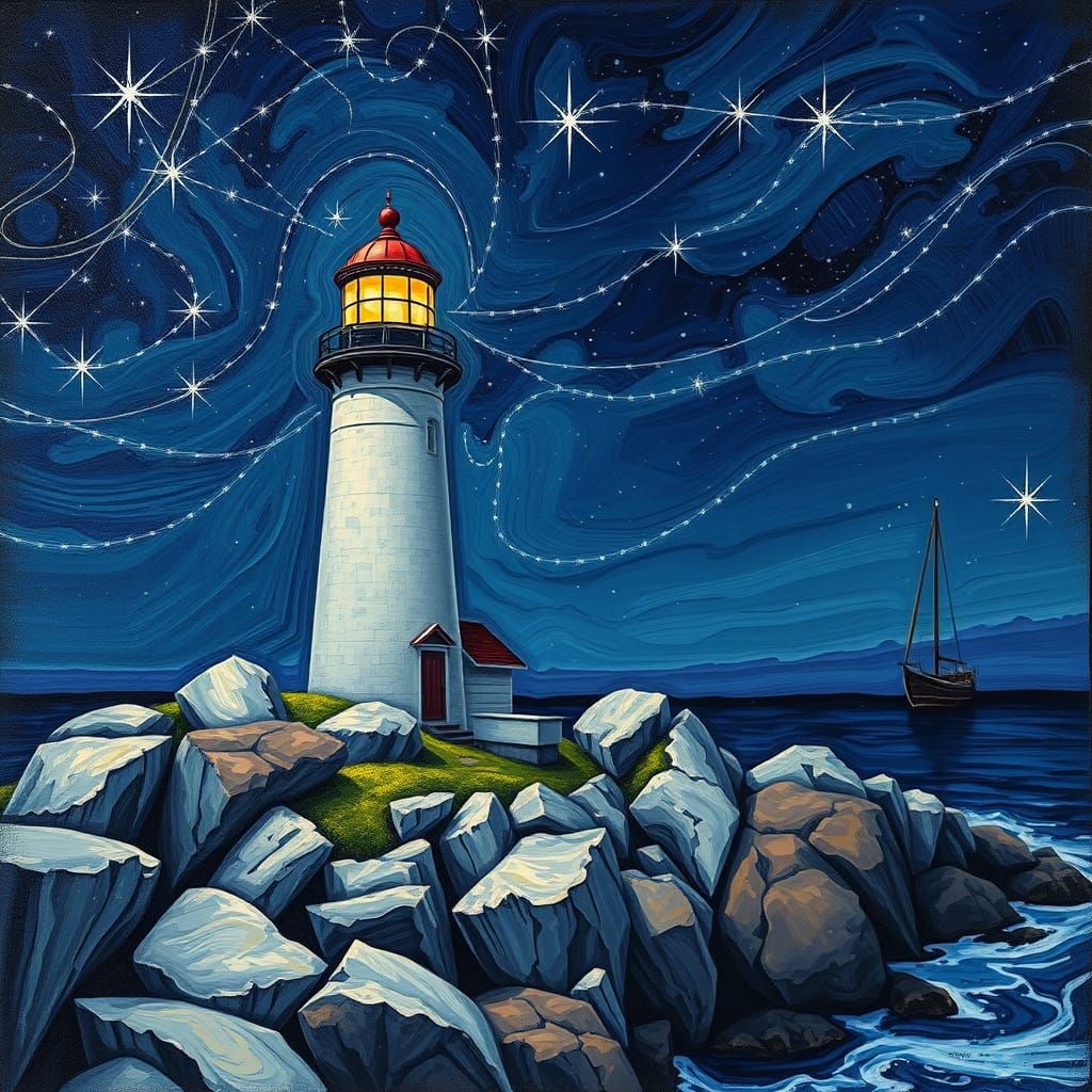 Maine Lighthouse Under Starry Sky as Oil Painting