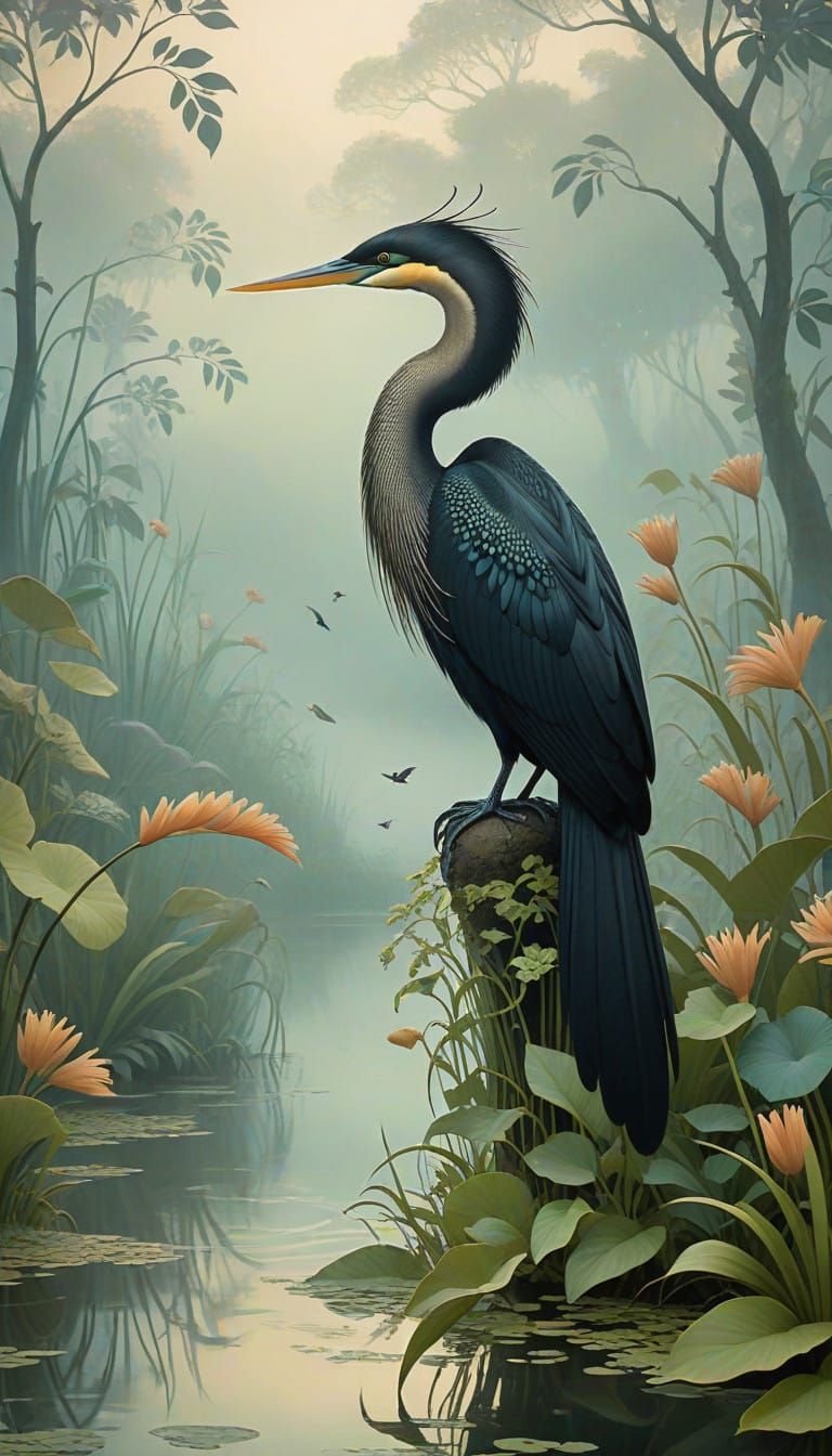 Ancient Riverbank Scene with Anhinga Melanogaster in Mystica...