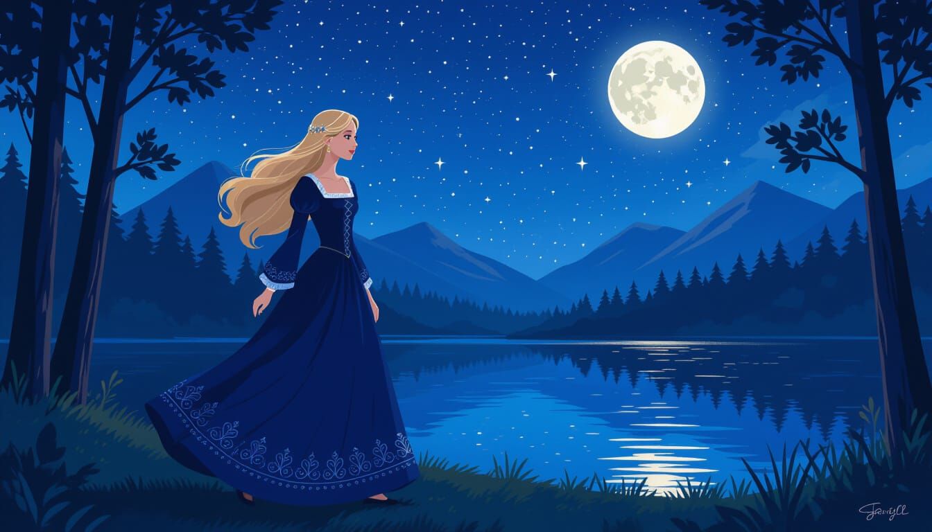 Maid Beside Forest Lake Under Starry Night Sky