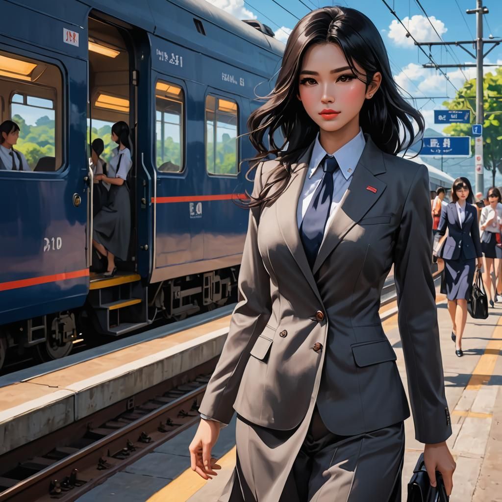Thai Woman Arriving at Rural Station: 3D Anime Art