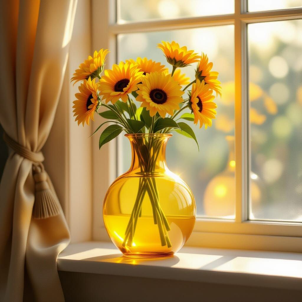 Vibrant Yellow Glass Vase in Sunlit Window