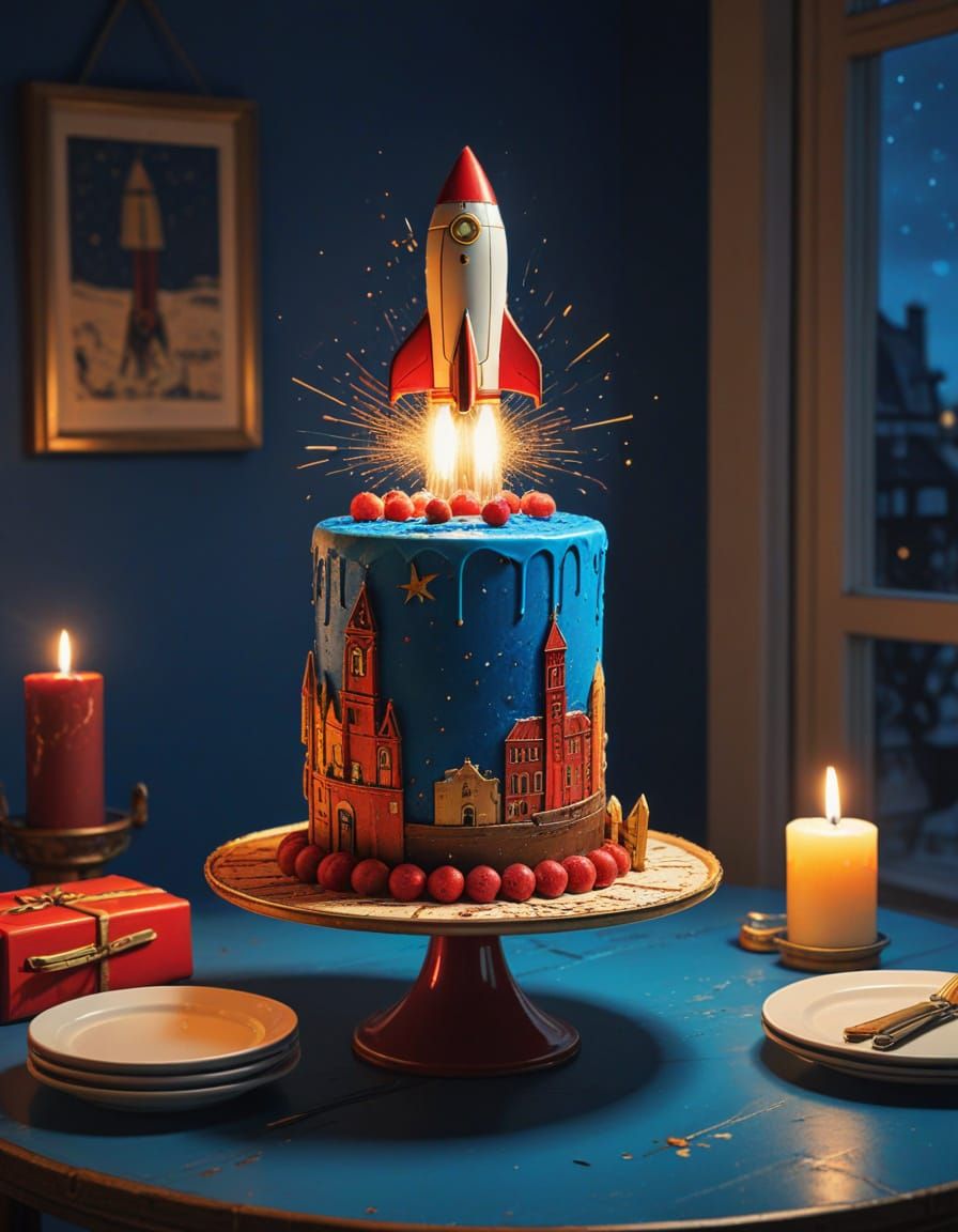 Tintin-Style Rocket Birthday Cake Illustration