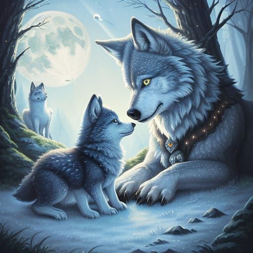 Whimsical Wildlife Art: Wolf and Cubs at Play