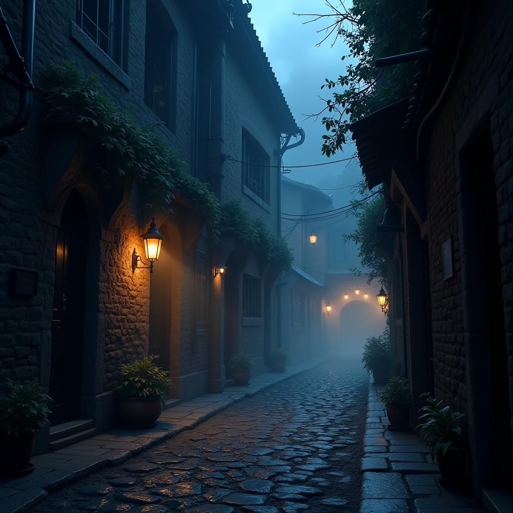 Misty Gothic Alleyway with Flickering Lanterns