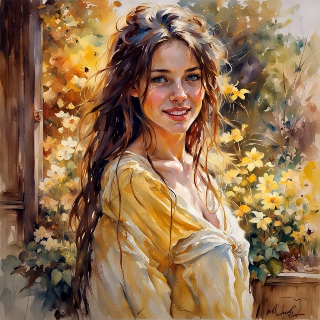 Girl in Autumn Garden: Watercolour Painting