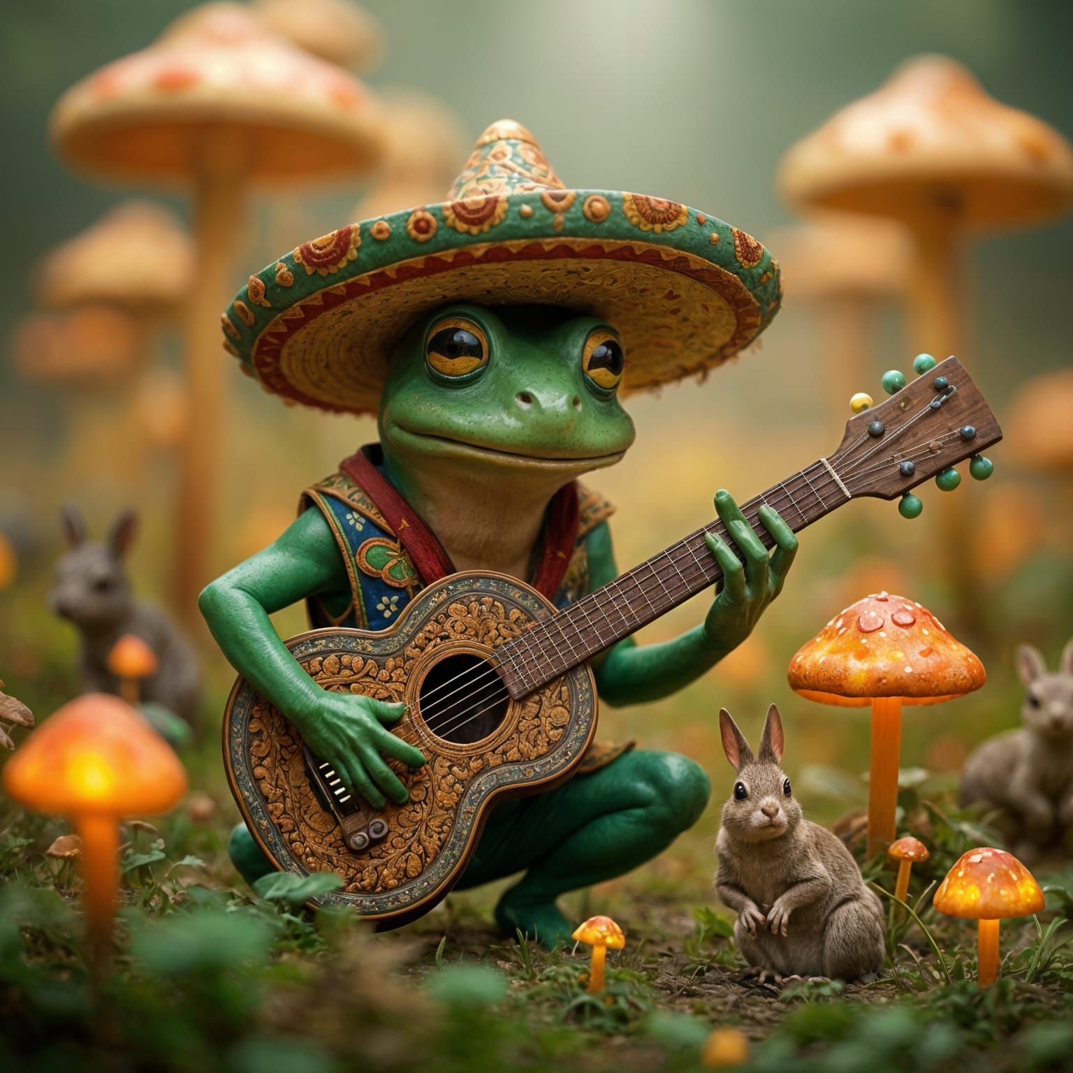 Frog Guitarist in Bioluminescent Mushroom Field