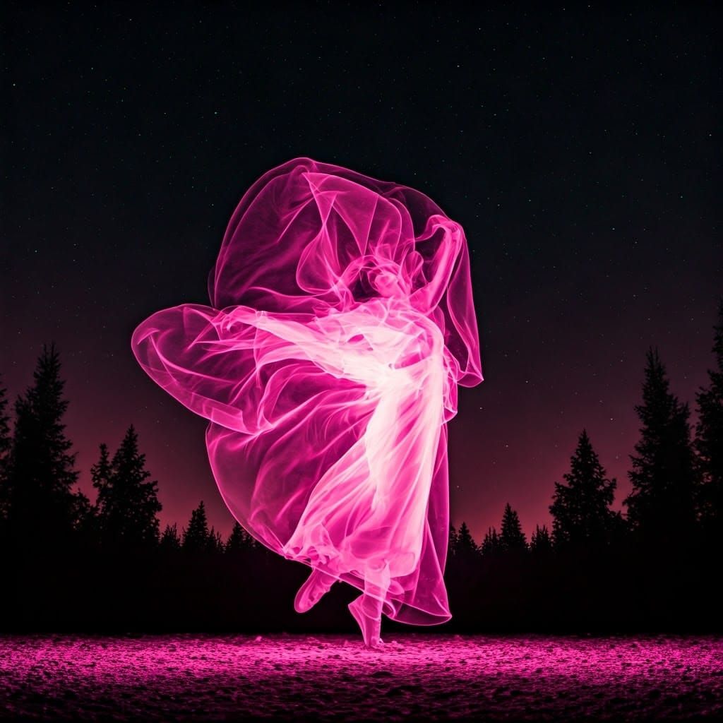 Joyful Woman Dancing in Pink Forest Ink Splatter Art