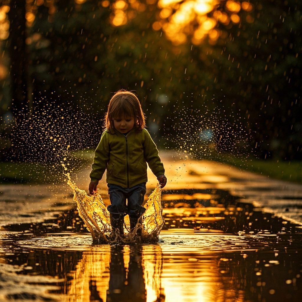 Child Splashing in Puddles in Golden Light
