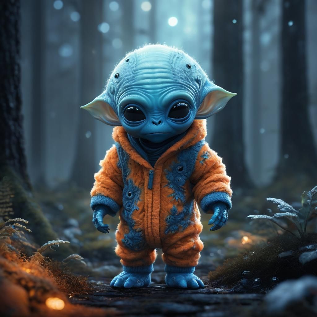 Baby Alien in Fuzzy Pajamas on Forest Floor